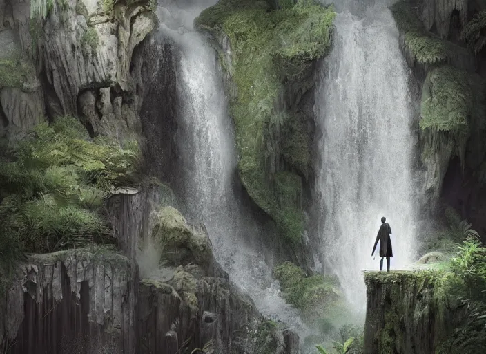 Prompt: a figure with a black robe is standing at the base of a waterfall, a detailed matte painting by filip hodas, cgsociety, fantasy art, matte painting, concept art, terragen