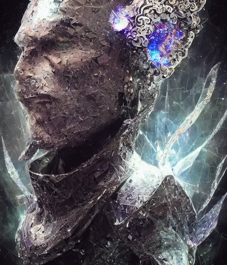 Image similar to front!!! shot of a court jester!!! character, mesmerizing fractal hypercubes, platinum cracked, dark holography!!!, future, metallic galactic, crystalline edges, polygonal, elegant, highly detailed, centered, (((artstation, concept art, jagged, sharp focus, artgerm, Tomasz Alen Kopera, Peter Mohrbacher, donato giancola, Joseph Christian Leyendecker, WLOP, Boris Vallejo))), ((raytracing)), mugshot!!!!!, ugly!!!!!!, octane render, nvidia raytracing demo, octane render, nvidia raytracing demo, octane render, nvidia raytracing demo, 8K, cinematic, masterpiece, fine portrait