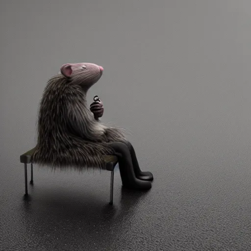 Image similar to anthropomorphic rat, octane render, 3 d, sad, lonely, moody lighting, wearing a fur coat, in the rain, at night, sitting on a park bench