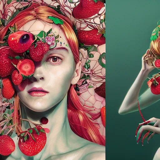 Image similar to the portrait of an absurdly beautiful, graceful, elegant, sophisticated woman made of strawberries and green petals, an ultrafine hyperdetailed illustration by james jean, kim jung gi, irakli nadar, intricate linework, bright colors, octopath traveler, final fantasy, unreal engine 5 highly rendered, global illumination, radiant light, detailed and intricate environment