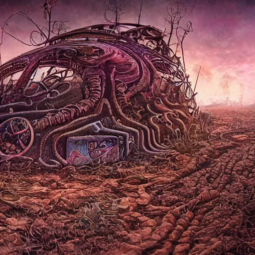 Prompt: psychedelic wasteland, intricate detail, hyperrealistic