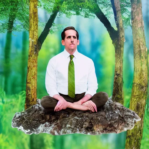 Image similar to Michael Scott meditate in forest, realistic photo, 90mm