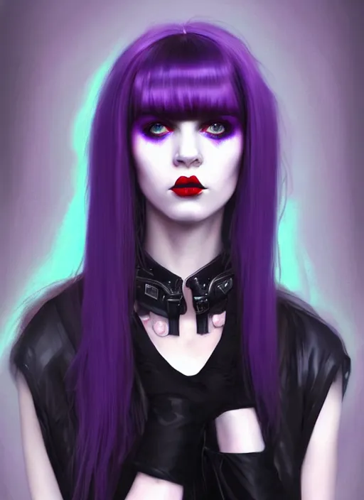 Image similar to portrait of white teenage girl, normal face, black bangs, mall goth, cyberlox, black and white hair, bangs, fluffy bangs, red contacts, purple lipstick, intricate, elegant, highly detailed, digital painting, artstation, concept art, sharp focus, smooth, illustration, art by wlop, mars ravelo and greg rutkowski