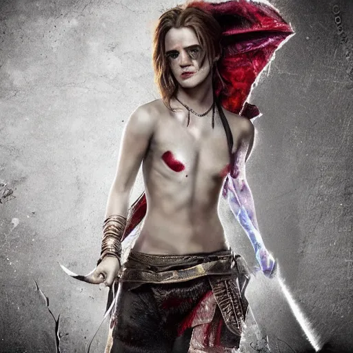Image similar to Emma Watson as Kratos, brutal