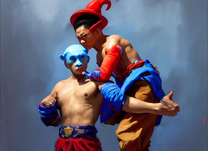 Image similar to greg manchess portrait of a filipino fighter wearing a jester hat victorious holding a man in a blue suit over his head, organic painting, sunny day, matte painting, bold shapes, hard edges, street art, trending on artstation, by huang guangjian, gil elvgren, ruan jia, randy vargas, greg rutkowski