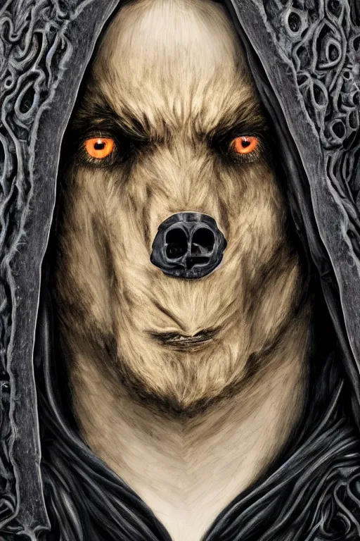 Image similar to sideview waist up portrait of bear wear black cape hoodie made with porcelain by jeff easley and peter elson, beautiful eyes and face, symmetry face, galaxy, gothic, surreal, dread, highly detailed, intricate complexity, epic composition, magical atmosphere, masterpiece, award winning, trending on artstation