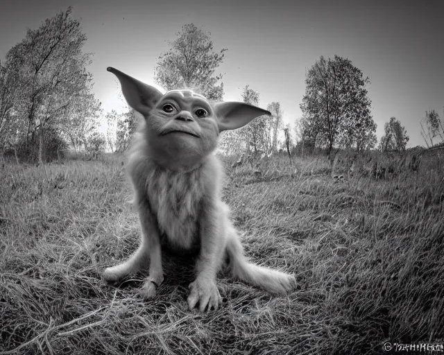 Image similar to trailcam image of yoda, pointing at the camera, black and white, wide angle lens, nightshot, cdx