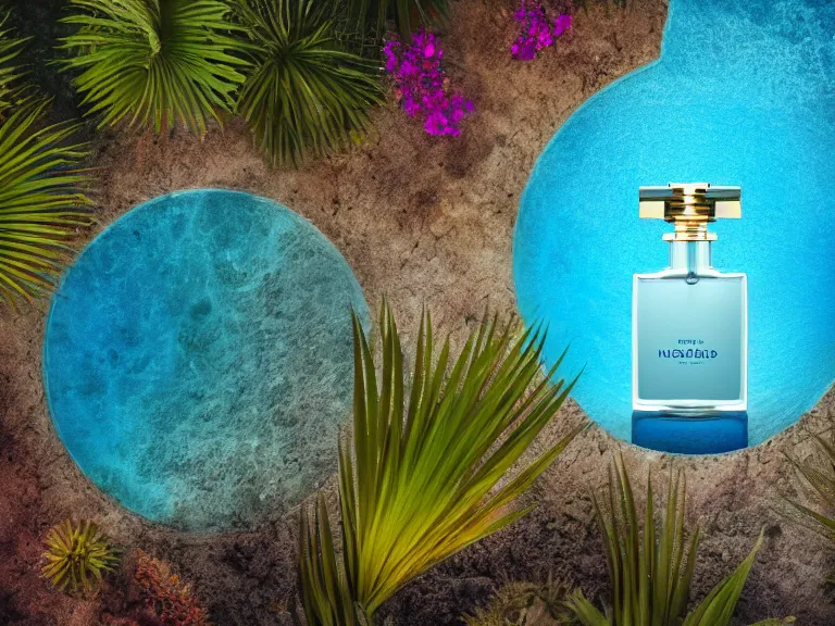 Image similar to perfume bottle in the center of a desert oasis in deep blue pond water surrounded by tropical flora ; 4 style of nicholas fols, 2 0 0 mm, mute dramatic colours, soft blur outdoor stormy sea background, volumetric lighting, hyperrealistic