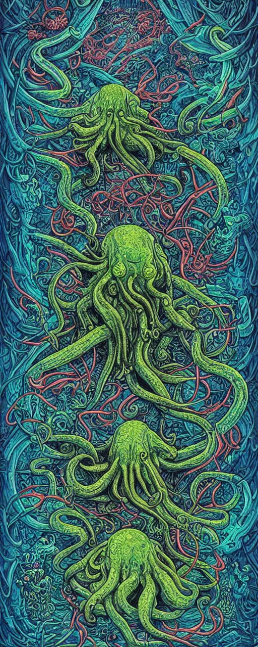 Prompt: cthulhu by james jean, by jacek yerka, bioluminescence, rainbow, lovecraftian, masterpiece, cosmic horror, poster art, hyper detailed