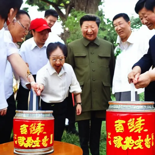 Image similar to A high quality photograph Xi Jinping sticking his hand in a honey jar, 85mm