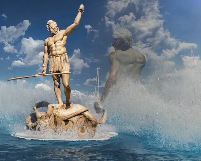 Image similar to a giant abstract sculpture of a legendary greek warrior god on the water, in the style of jeff koons, award winning, cinematic, hyper - realistic, very detailed, realistic water splashes, ray tracing, 8 k resolution, long - shot, sharp focus, low angle, 8 5 mm photograph, wide lens
