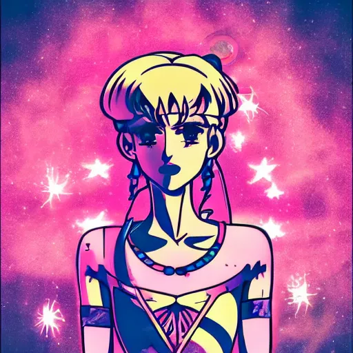 Prompt: portrait of sailor moon with arm tattoos, in the style of cyberpunk on the background of neon signs, symmetrical, single person