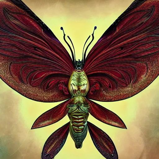 Image similar to 4K headshot of godlike moth with defined arms and open hands and bloody clothes with giant mandala wings , intricate face , flawless anime cel animation by Kentaro Miura, psychedelic , highly detailed upper body , professionally post-processed , beautiful, scary, symmetry accurate features, epic, octane rendered, anime masterpiece, accurate