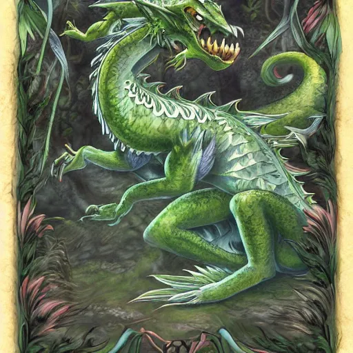 Image similar to A green and blue dragon with an elegant and long body and wolf like face, fur on its body and long leathery wings, sitting on a clearing in a flowery, jungle, detailed, mtg