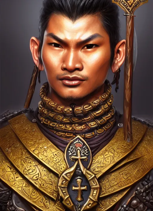 Prompt: smart tai warlord, closeup portrait, historical, ethnic group, sukhothai costume, bronze headset, fantasy, intricate, with leather armor cross on bare chest, tai body tattoo, elegant, loin cloth, highly detailed, oil painting, artstation, concept art, matte, sharp focus, illustration, hearthstone, art by earl norem