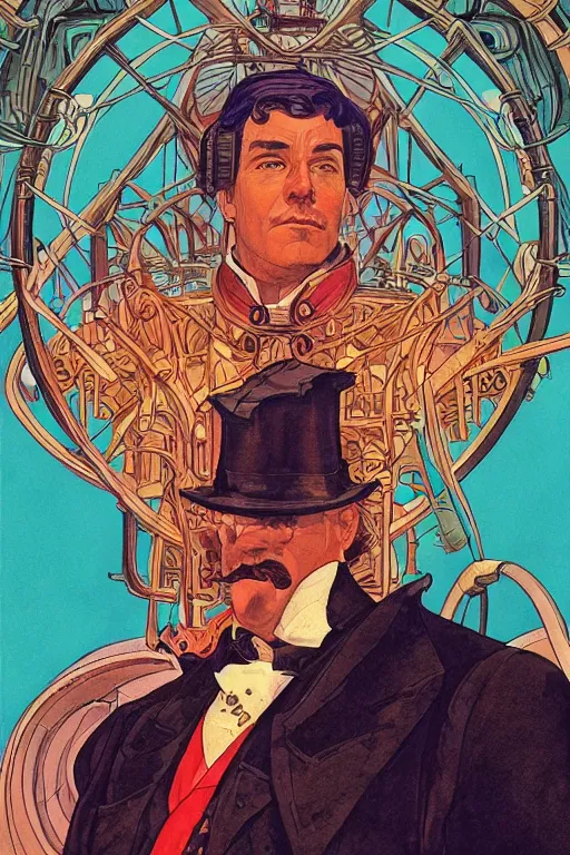 Prompt: zoomed out portrait of a duke, victorian era, art deco style, stylized illustration by moebius and juan gimenez, watercolor gouache detailed paintings in style of syd mead, ridley scott, metabaron, ghibli studio vibe, vivid colorful comics style, clean line, diesel punk, artstation