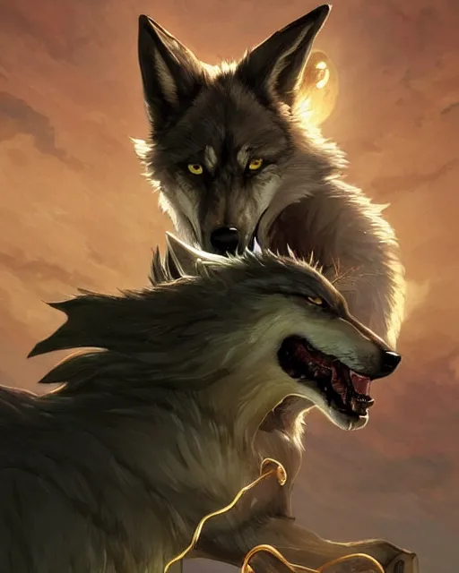 Image similar to '' Illustration a wolf (Fenrir) breaking its chains, (night), (moon in the background), league of legends, Fenrir, LOL, fantasy, d&d, digital painting, artstation, concept art, sharp focus, illustration, art by greg rutkowski and alphonse mucha ''