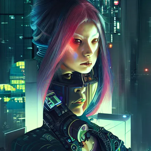 Image similar to portrait of a fierce dangerous female cyberpunk hacker samurai in neotokyo at night, futuristic cyberpunk tokyo night, sci - fi and fantasy, intricate and very beautiful, highly detailed, digital painting, artstation, concept art, smooth and sharp focus, illustration, art by tian zi and wlop and alphonse mucha