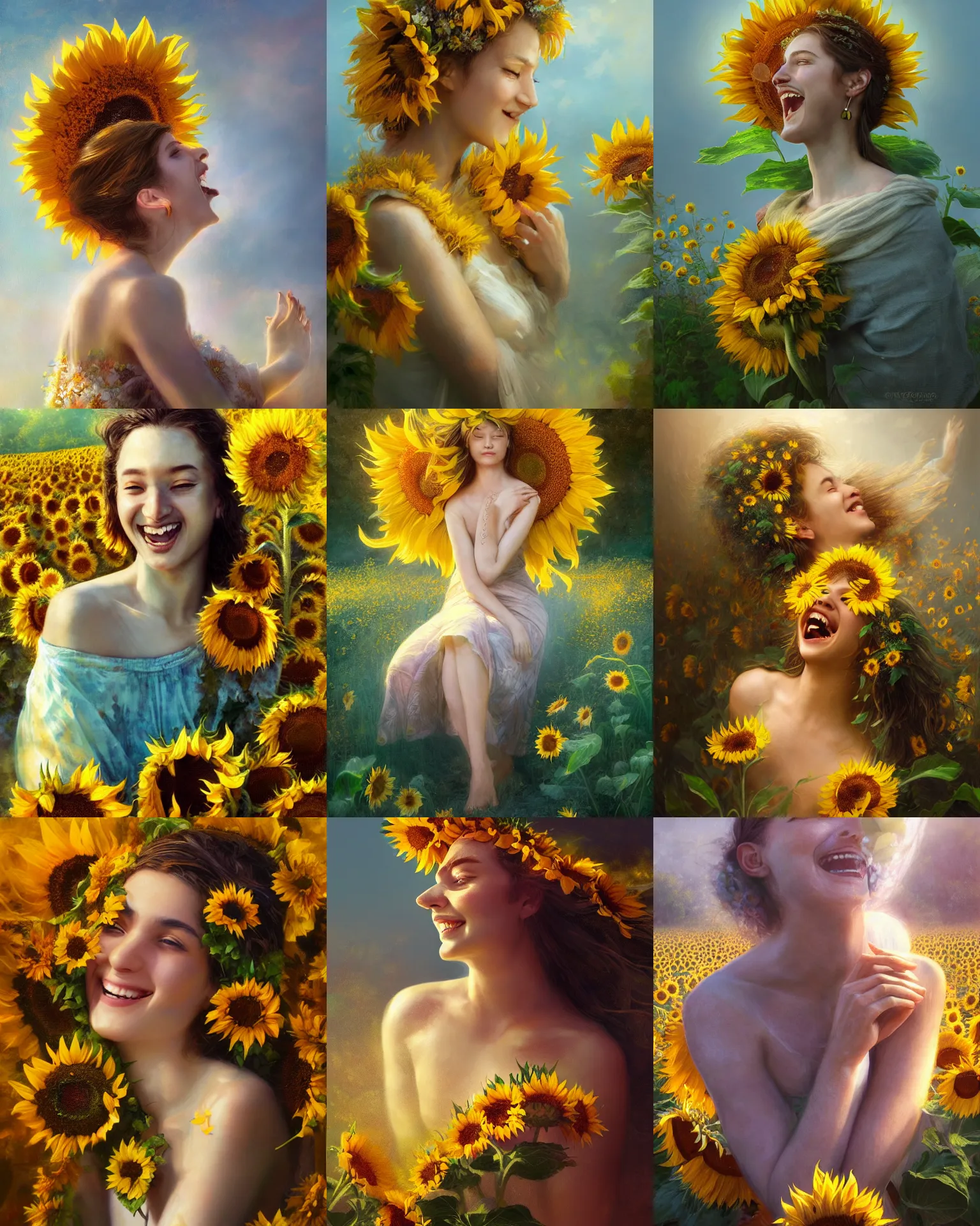 Prompt: Goddess of Summer, laughing, sunflowers, gorgeous portrait, intricate, elegant, volumetric lighting, scenery, digital painting, highly detailed, artstation, sharp focus, illustration, concept art, ruan jia, steve mccurry