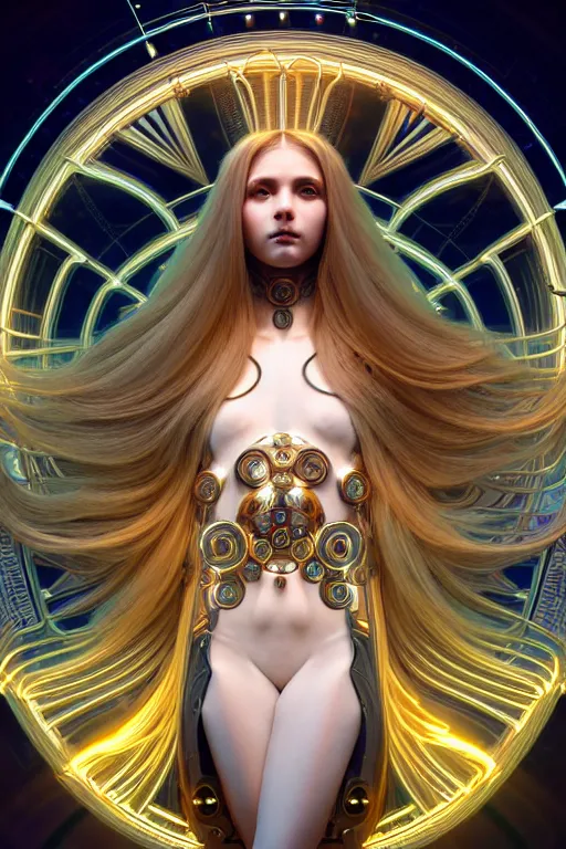 Image similar to symmetrical feminine cyborg goddess rendered in Octane, elegant and ornate futuristic silk robes, held aloft by thousands of glowing wires, glowing white neon eyes, platinum and golden flowing long hair, art by Artgerm and Alphonse Mucha, hyperrealism, full body photorealistic shot, digital render, cinematic lighting ornate jewelry, 8k resolution, masterpiece work