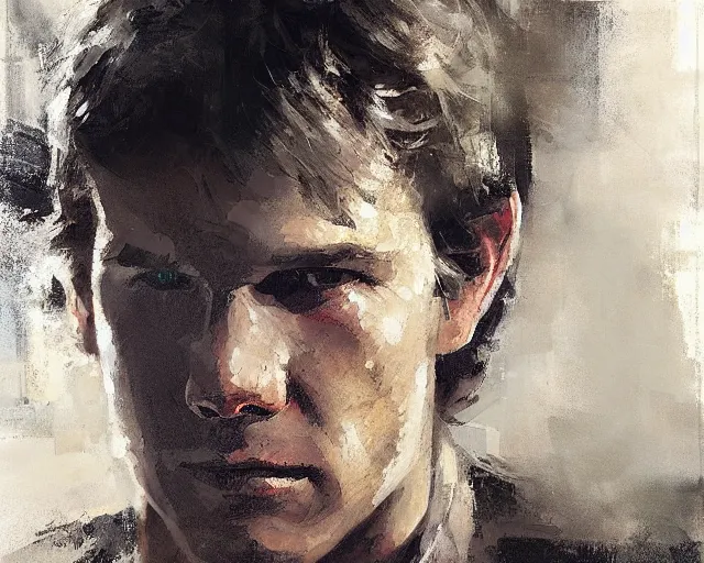 Image similar to portrait of young han solo young harrison ford in shades of grey but with brown by jeremy mann