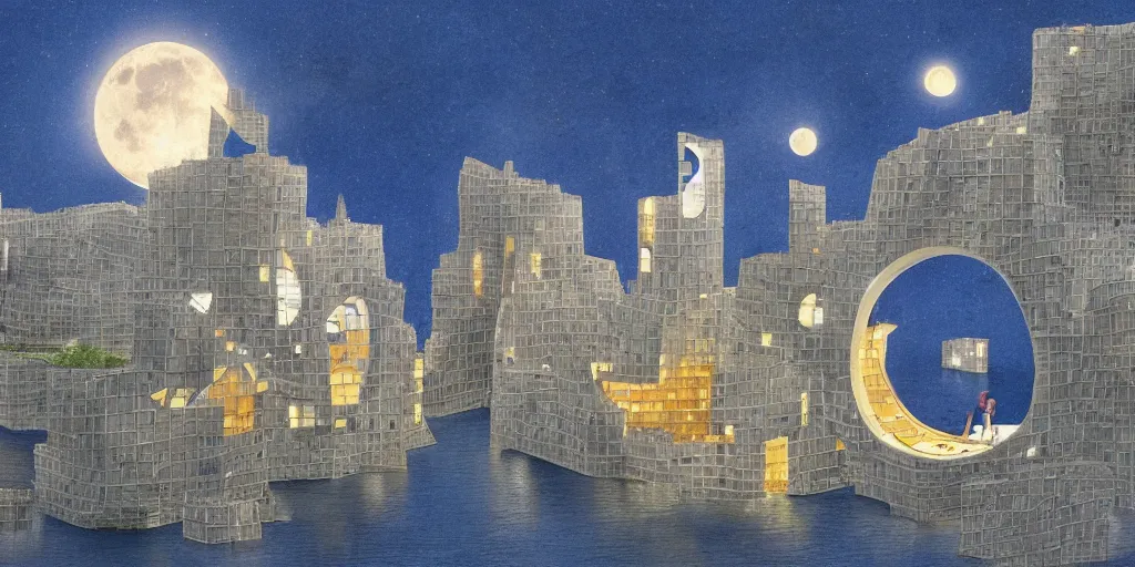 Prompt: fantasy city with moon by STEVEN HOLL trending on artsation