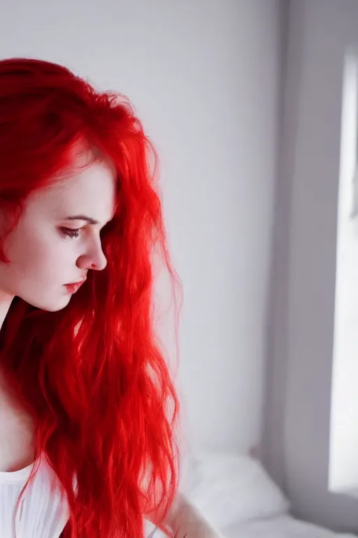 Prompt: a selfie of a young woman with messy vibrant ariel red hair, bedroom, ultra realistic, beautiful lighting