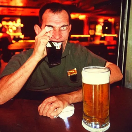 Prompt: doomguy character from doom 1 9 9 3 drinking beer in a bar, analog photography, 9 0 s