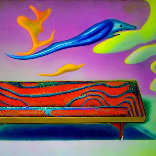 Image similar to psychedelic couch sofa costa blanca, designed by arnold bocklin, jules bastien - lepage, tarsila do amaral, wayne barlowe and gustave baumann, cheval michael, trending on artstation, mediterranean, star, sharp focus, colorful refracted sparkles and lines, soft light, 8 k 4 k