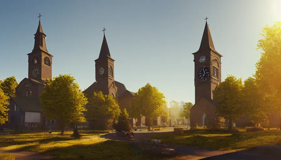 Prompt: midwest town with church, clock tower, square, trees, sunny day, volumetric light, hyperdetailed, artstation, cgsociety, 8 k