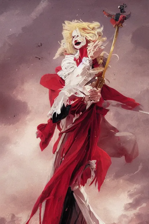 Image similar to a vampire with long light white hair and a red scarf, windy, ribbons, melancholic, modern maximalist harlequin fashion dress, is ( ( holding a golden sword ) ). light dust, magnificent, hyperdetailed, theatrical, painted by jean honore fragonard and greg rutkowski