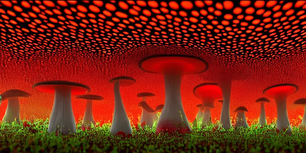 Image similar to a 3 d render of a giant psychedelic amanita muscaria, many tiny people are below looking up at it,