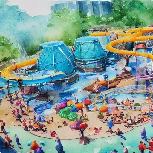 Image similar to water color on paper, water park fun, highly detailed, artstation, masterpiece, award - winning,