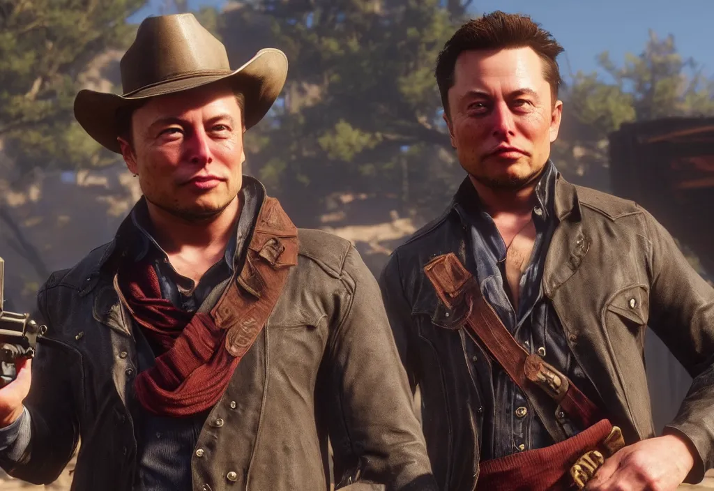 Image similar to elon musk in the red dead redemption 2, elon musk in the video game red dead redemption 2, gameplay screenshot, close up, 3 d rendering. unreal engine. amazing likeness. very detailed.