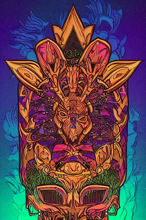 Image similar to animal mask totem roots flower tribal feather gemstone plant wood rock shaman vodoo video game vector cutout illustration vivid multicolor borderlands comics by josan gonzales and dan mumford radiating a glowing aura