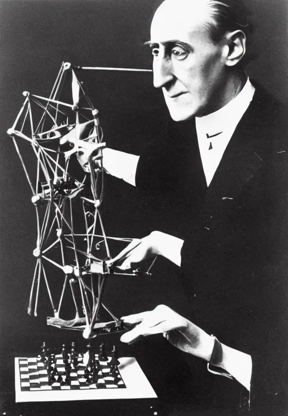 Image similar to marcel duchamp holding up a chess - piece wire - machine, a surrealist painting by marcel duchamp, complex artificial - intelligence machinery, flickr contest winner, studio portrait, 1 9 2 0 s