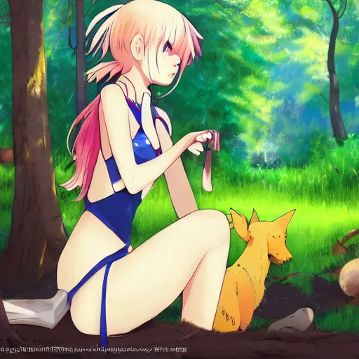 Image similar to Rem from Zero Two petting a dog in the forest. Beautiful anime lush forest background. Golden hour. Trending on art station