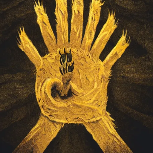 Prompt: a golden hand with claws emerges from the nearest surface of a cave