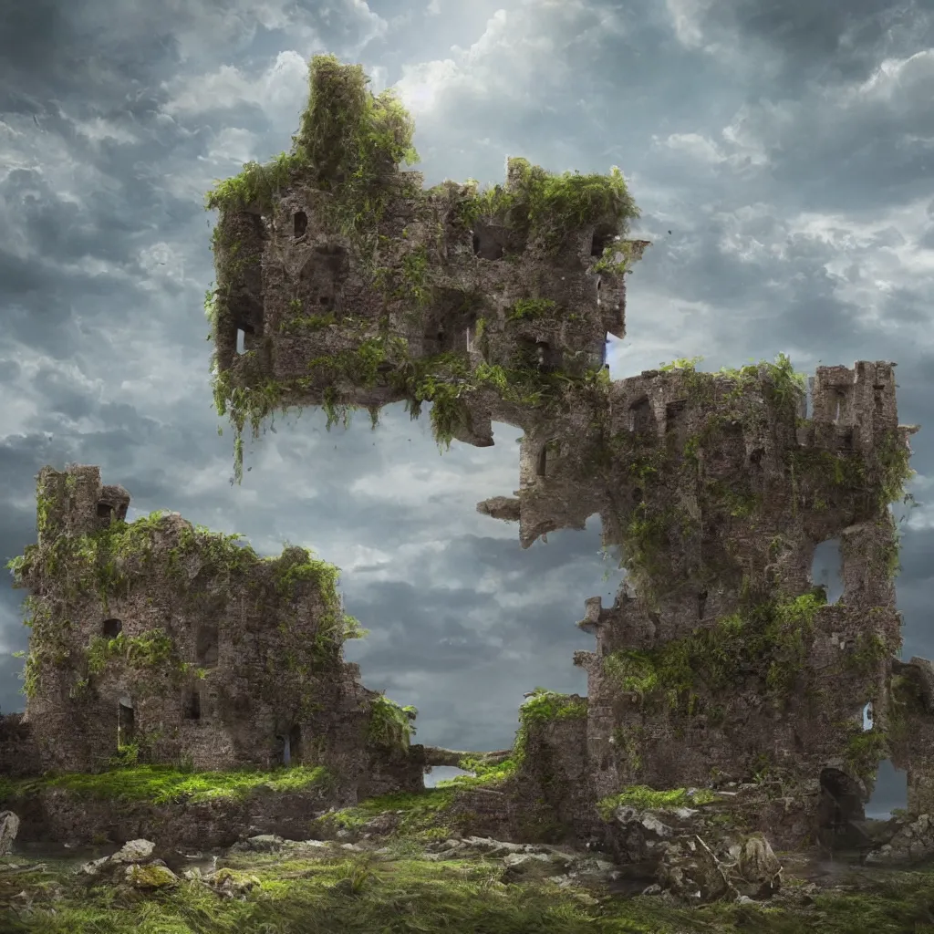 Image similar to looking up at a ruined castle on a small island only reachable by a small land bridge, 8 k, ultra realistic cinematic, intricate, cinematic light, concept art, illustration, art station