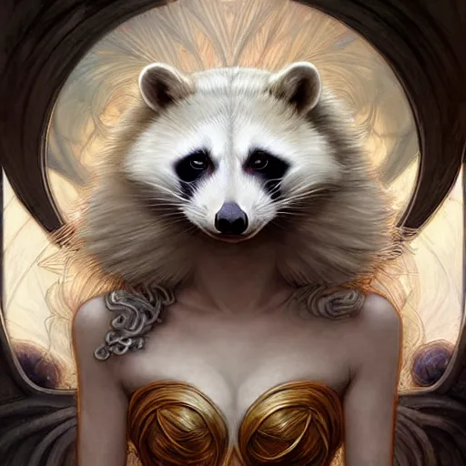 Prompt: an albino raccoon as the roman goddess of chaos!! intricate elegant, highly detailed, digital painting, artstation, concept art, smooth, sharp focus, illustration, art by ( ( ( artgerm ) ) ) and greg rutkowski! and ( ( alphonse mucha ) ), heavily influenced by frank frazetta and boris vallejo, sword and sorcery