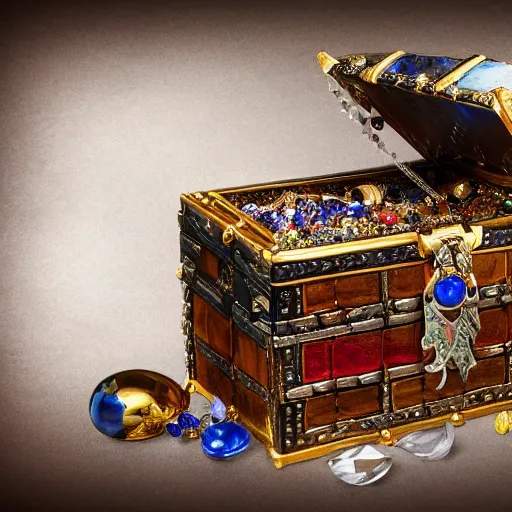 Prompt: A pirate chest filled with jewels and crystal artefacts, 4k, hdri, museum quality photo