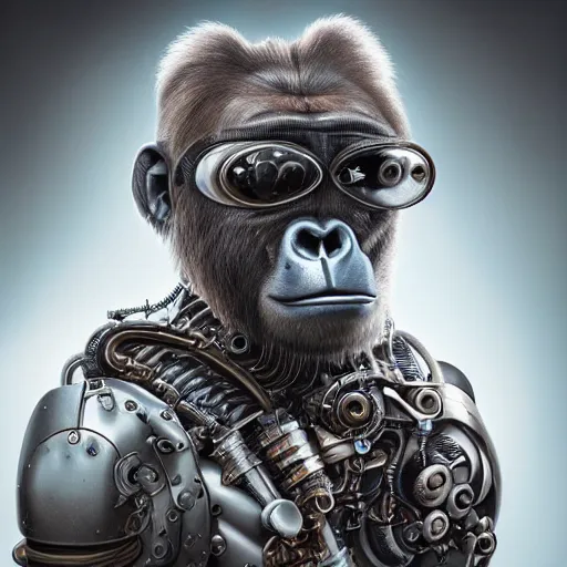 Image similar to a beautiful intricate fine art portrait photo of a a mechanical industrial steampunk cybernetic silverback gorilla, by tom bagshaw and zach sutton, perfection!, milk bath photography, studio lighting, backlight, 35mm lens, very detailed, bionic, cybernetic scifi, deep depth of field, artstation, 8K, highly coherent