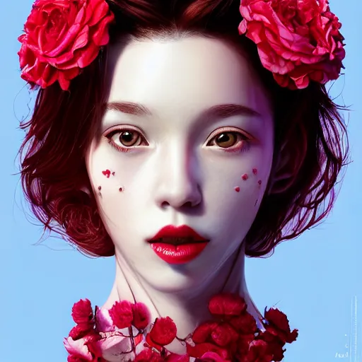 Prompt: the face of absurdly beautiful, graceful, elegant, sophisticated, sensual young skinny gravure idol made of cherries raspberries strawberries and red pink petals, an ultrafine hyperrealistic illustration by kim jung gi, irakli nadar, intricate linework, bright colors, octopath traveler, final fantasy, unreal engine highly rendered, global illumination, radiant light, intricate environment