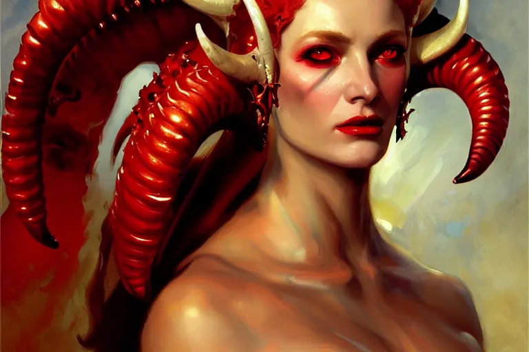 Image similar to painted close - up portrait of a very attractive red - skinned intimidating demon alien queen with ram horns! oil painting, wearing a noblewoman's outfit, fantasy art by john singer sargent and gaston bussiere and james jean and greg rutkowski, demon noble character design, hd