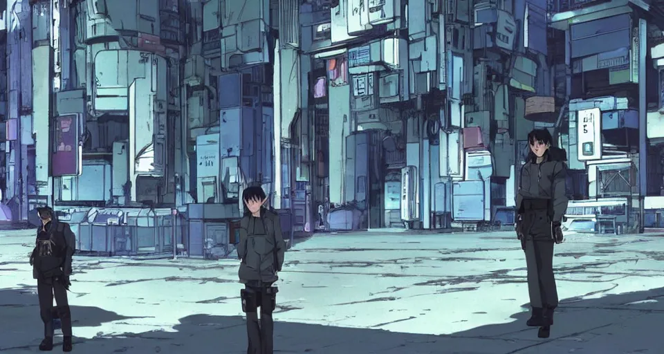 Image similar to Scene within the location called 'Public security section 9'. interior environment bg. Screenshot from an episode of the anime 'Ghost in the shell: Stand Alone Complex' (2003). Produced by 'Production I.G'. Original manga by Masamune Shirow. Art direction by Kazuki Higashiji and Yuusuke Takeda.