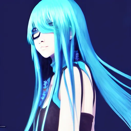 Image similar to rimuru, long blue hair, anime girl, bangs, gothic, anime character, noir, screenshot, sharp focus, intricate, illustration, cell shaded, digital painting, highly detailed, matte, art by ilya kuvshinov, unreal engine 5, wlop, greg rutkowski, studio quality, james jean, akihiko yoshida