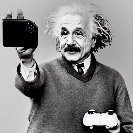 Prompt: photo of einstein holding a ps 5 controller while shouting