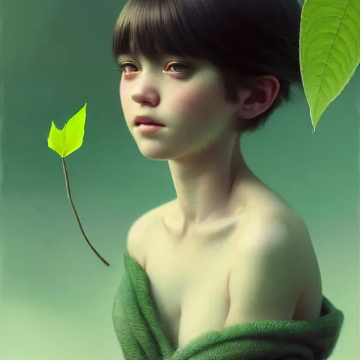 Prompt: very very small little girl by tom bagshaw, sitting on a gigantic green leaf by ilya kuvshinov, rtx rendering, octane render 1 2 8 k, maya, extreme high intricate details by wlop, digital anime art by ross tran, medium shot, close up shot, composition by sana takeda, lighting by greg rutkowski