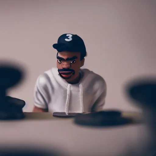 Image similar to a cinematic film still of a claymation stop motion film starring chance the rapper as a college student, shallow depth of field, 8 0 mm, f 1. 8