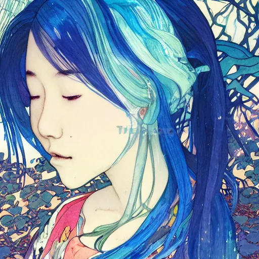 Image similar to side view a beautiful and inspiring intricate watercolor illustration artwork bright blue hair japanese girl in the forest, feeling the nature, eyes closed, 4 k, ultra - wide angle, by william turner, by victo ngai, by alphonse mucha, by miho hirano, hd, trending on artstation, hyper detailed, muted colors, inspiring, beautiful, energetic